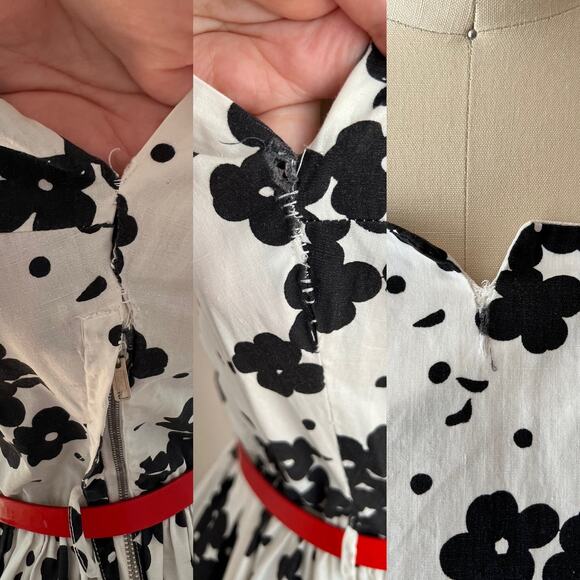 SIZE M/L 1950s Black & White Floral Dress - Cotton, Fit and Flare, Retro - Picture 6 of 8